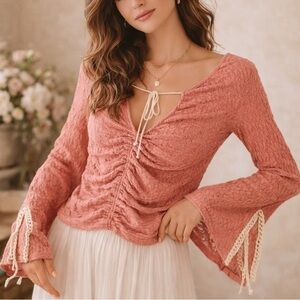 Free People Romantic Pink Lace Ruched Tie Front Top size L Boho Fairy Girlhood